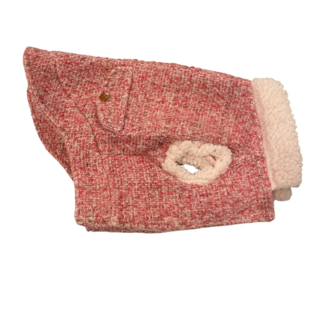 Top Paw Tweed Pink and Gold Dog Coat with Bronze Buttons.